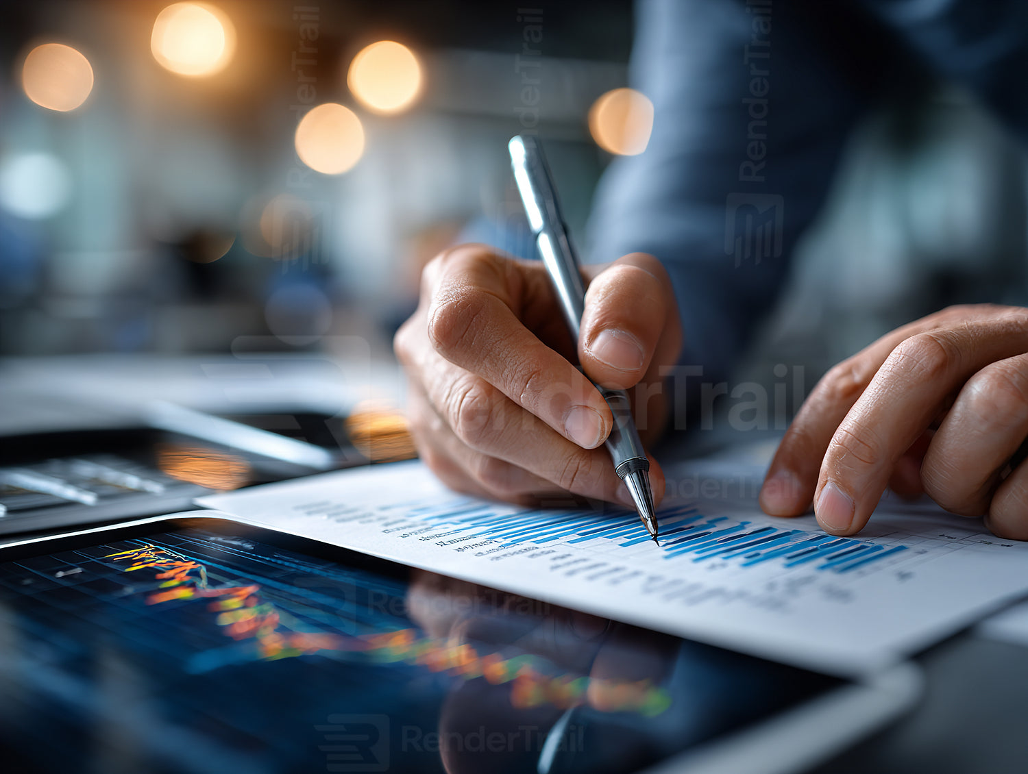 Detailed analysis of data trends in a modern office setting during the workday