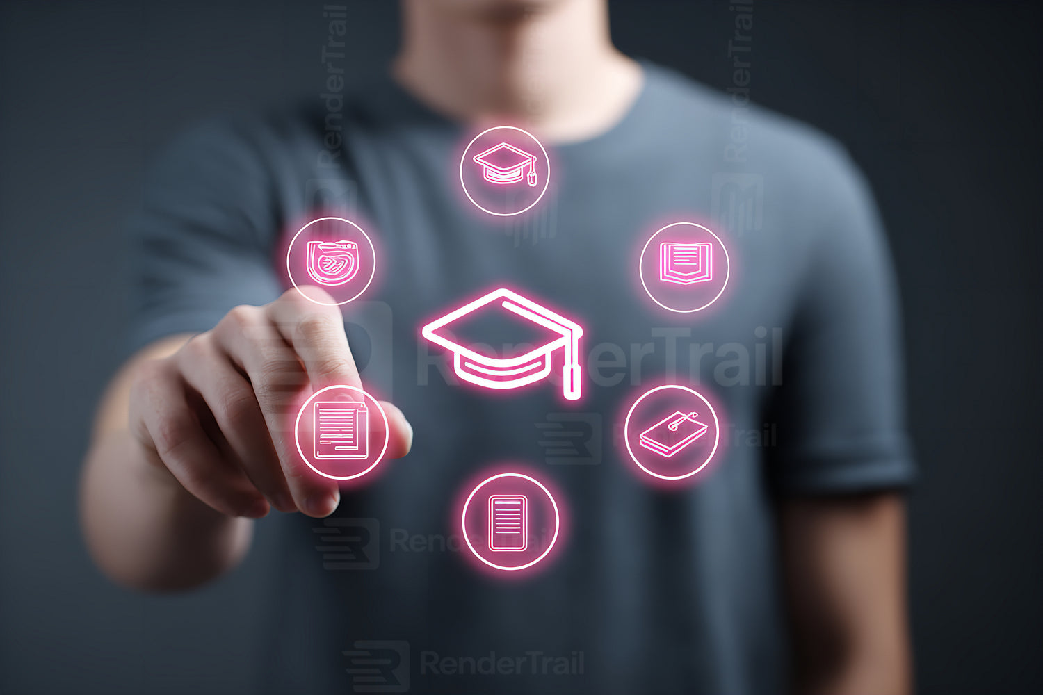 Student interacting with digital icons related to education and learning on a touchscreen display