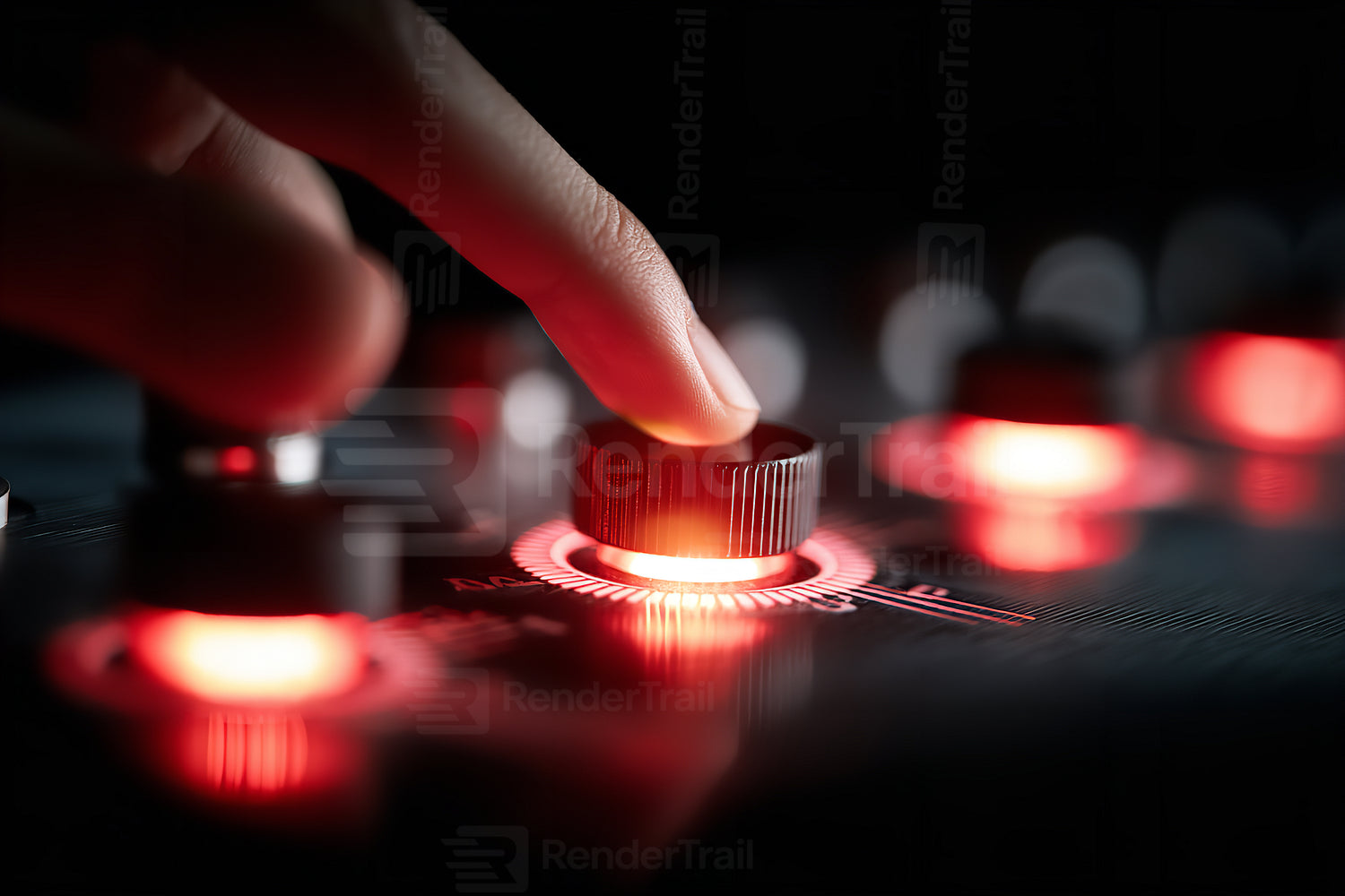 Finger adjusts audio control knob in a dimly lit recording studio full of glowing lights and equipment