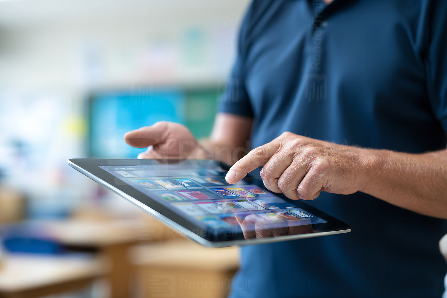 Person interacts with a tablet while standing in a classroom during a teaching session