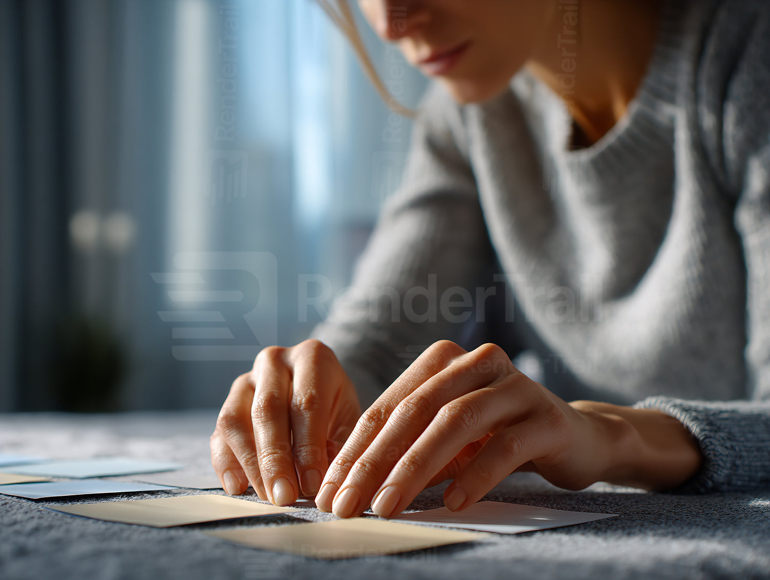 Woman arranging cards on a table in a bright room during the afternoon