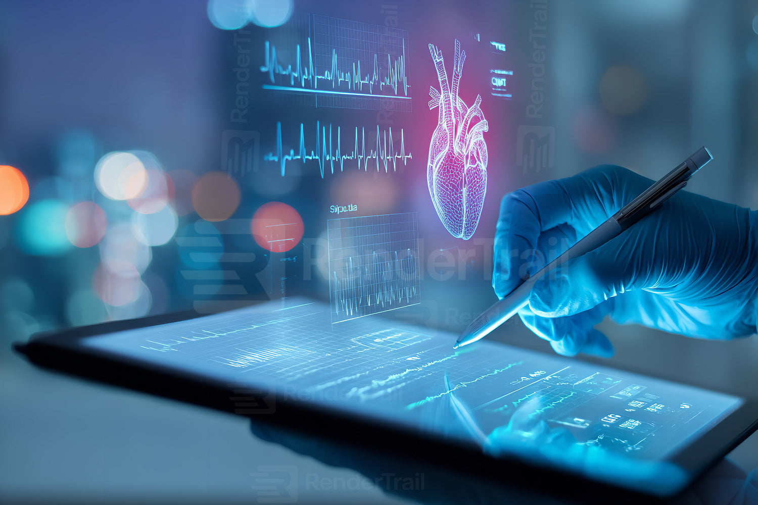 Medical professional analyzes heart data using tablet technology in a modern healthcare setting during night time