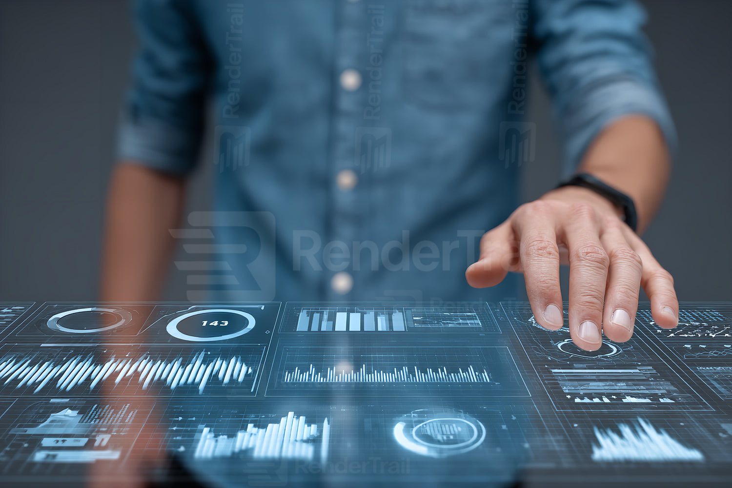 Engaging with futuristic data display in a modern office setting during a business presentation