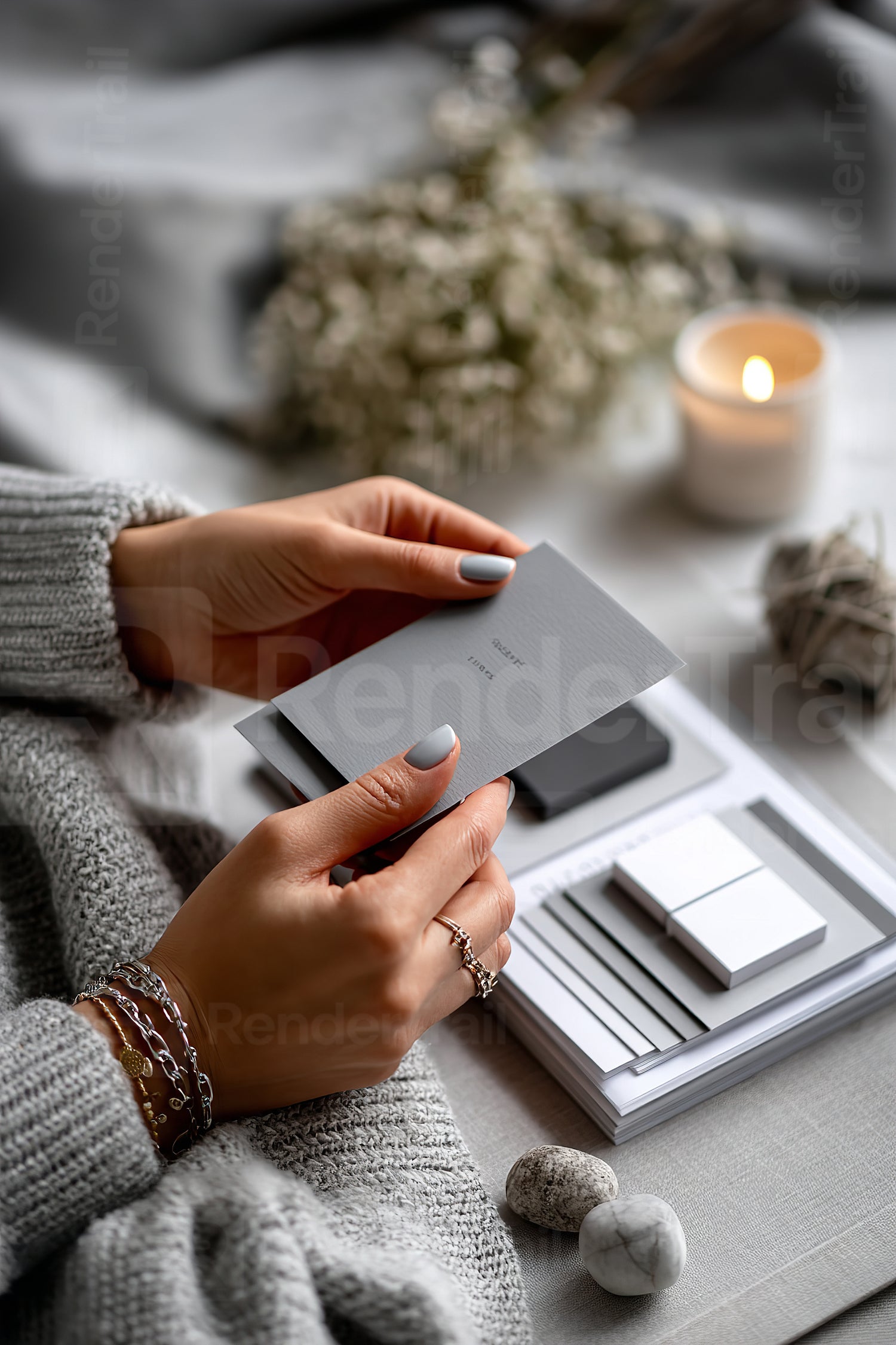 Soft gray color palette and cozy setup in a tranquil indoor space with candles and stones