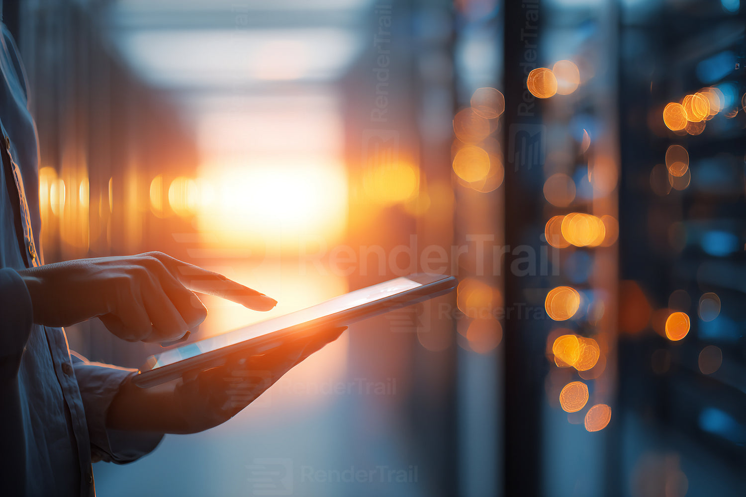 Technician using tablet in data center during sunset with illuminated server racks in background