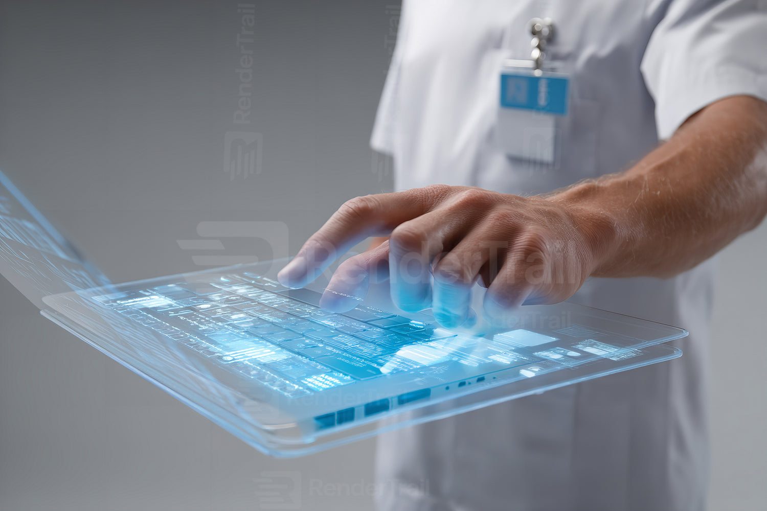 Healthcare professional interacts with a holographic laptop display in a modern medical setting during a futuristic scenario