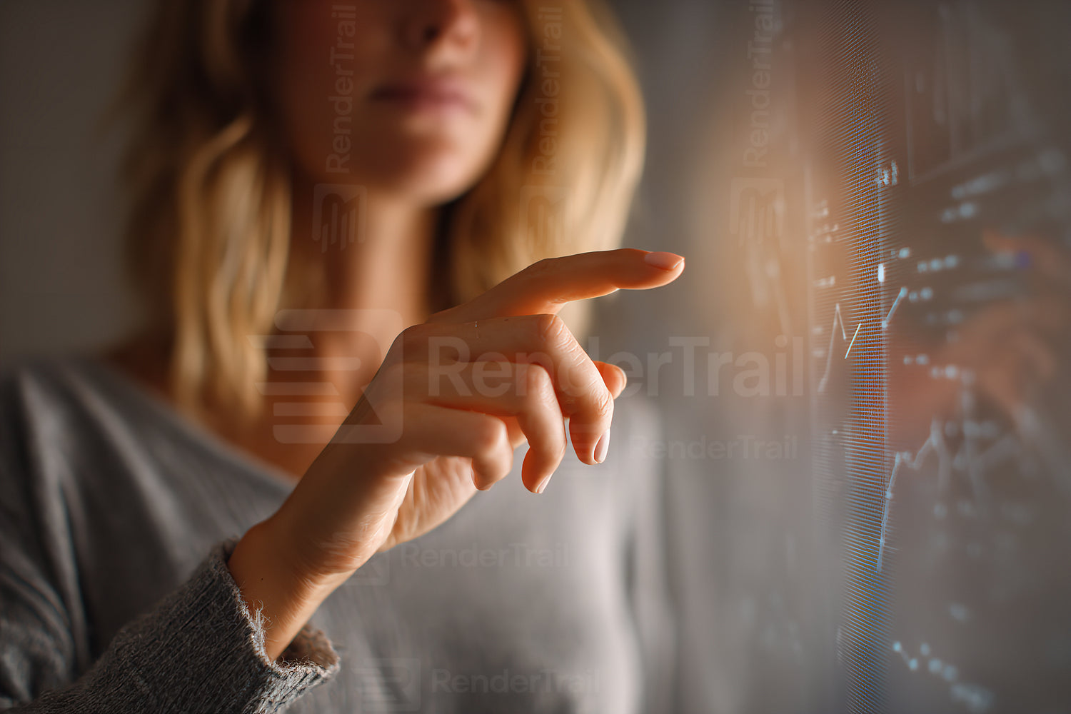 Woman interacting with a digital interface while analyzing data trends in a modern workspace