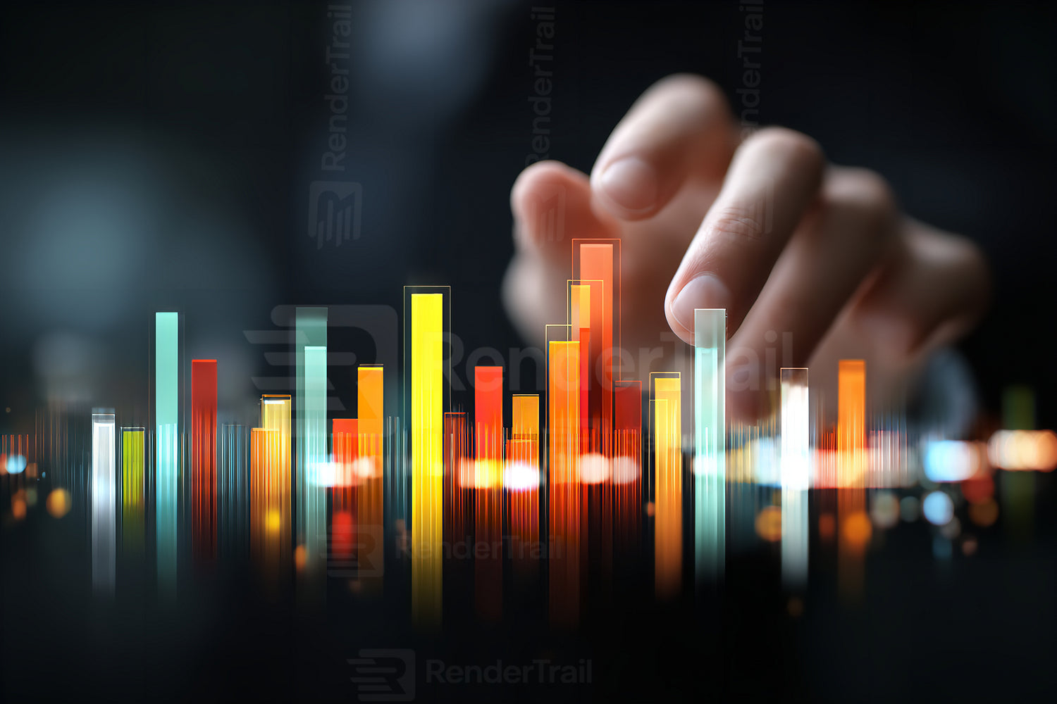 Digital data visualization with colorful bars and a hand interacting with graphs in a modern workspace