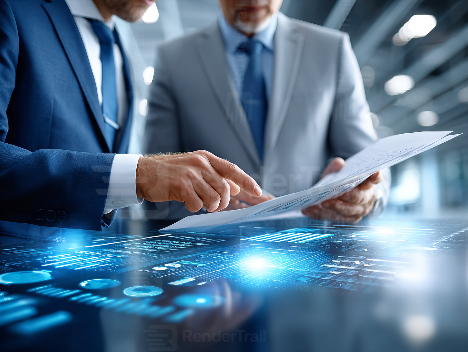 Business professionals discussing project details in a modern office setting during the day