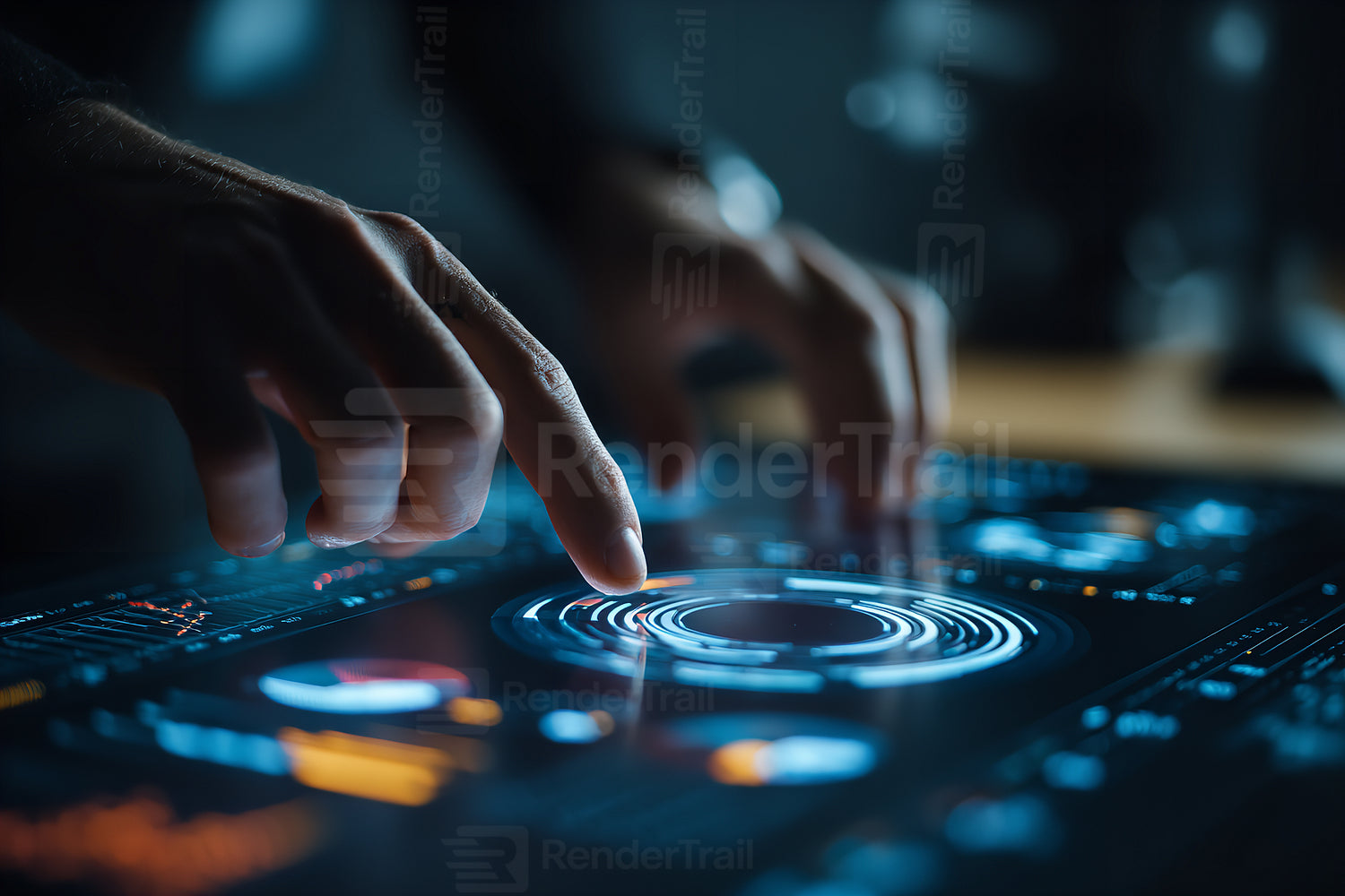 Digital interface interaction captures skilled hands navigating through high-tech touchscreen technology