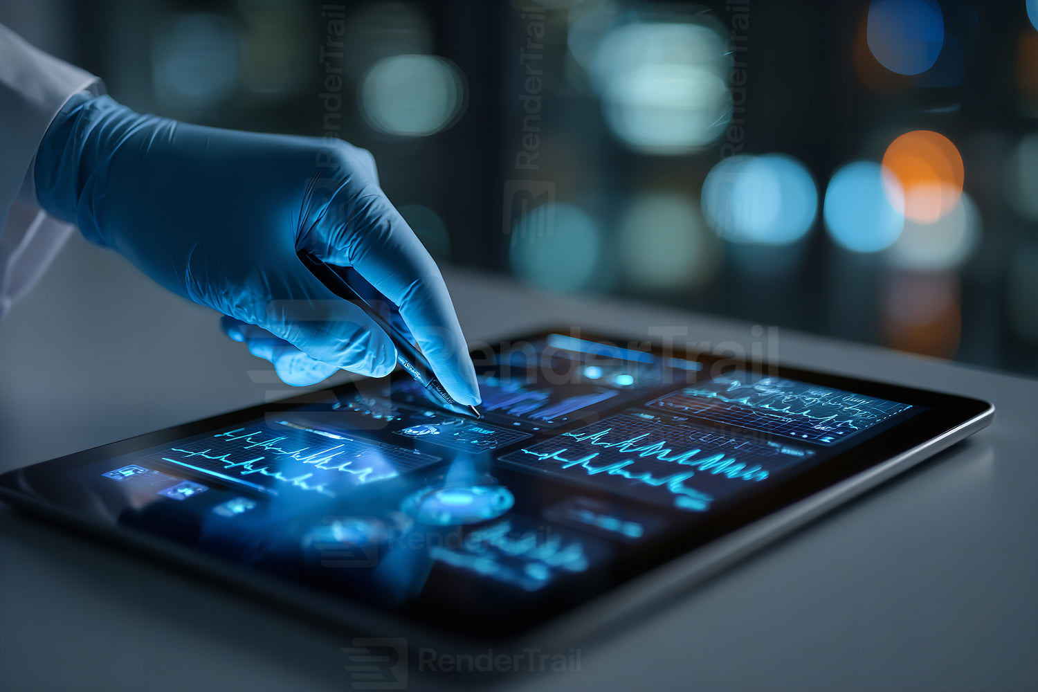 Healthcare professional reviews digital health data on tablet in a modern medical setting at night