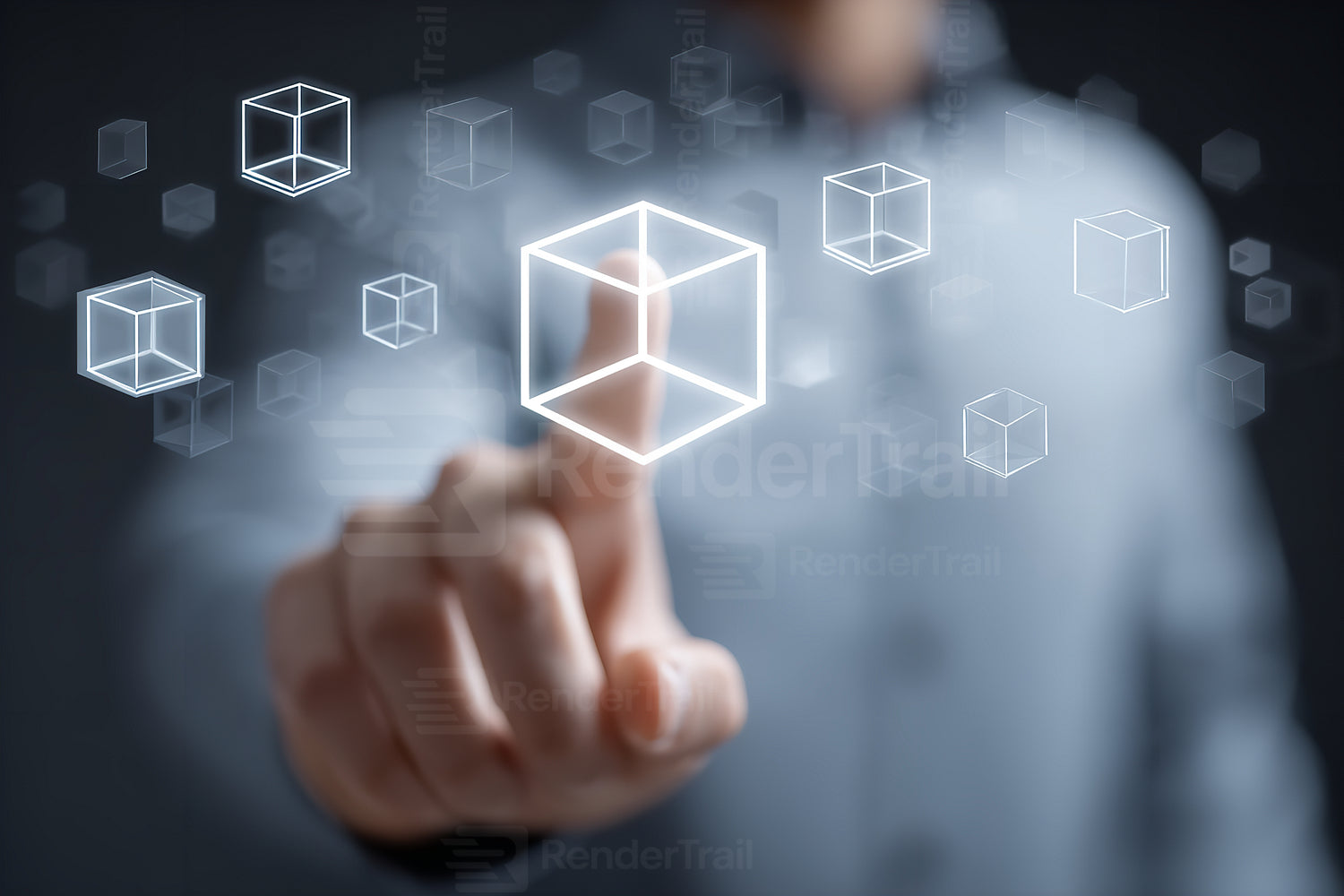 Person interacting with digital cubes on a virtual screen in a dark environment