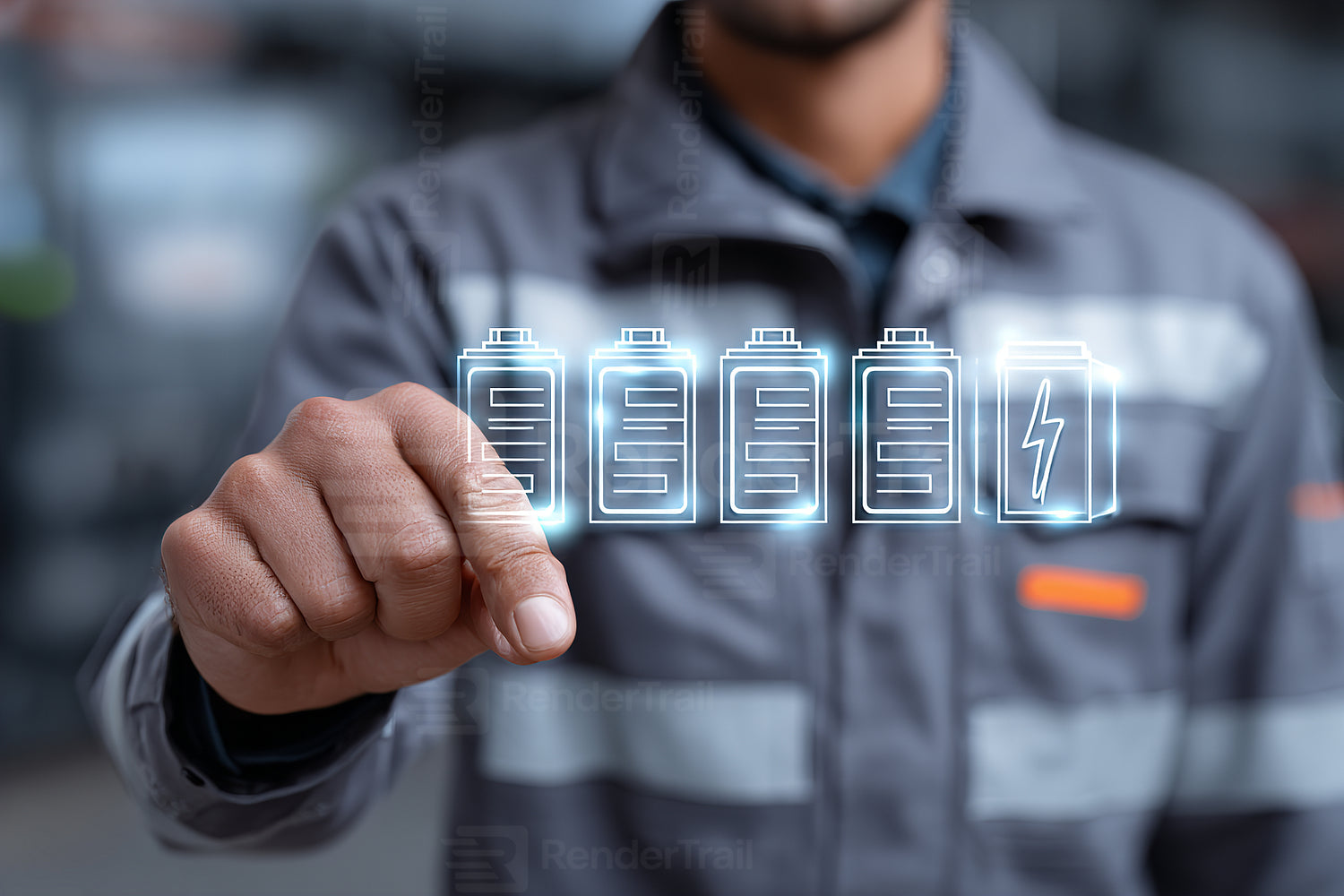 Technician interacting with digital battery icons for energy monitoring and management in a modern facility