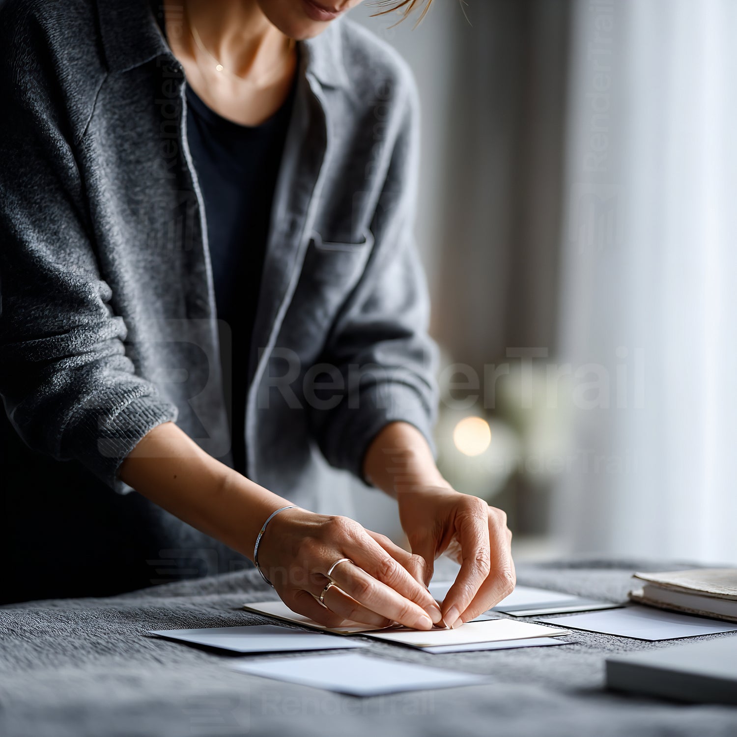 Creating a handmade card at home on a cozy afternoon in a well-lit room with soft curtains