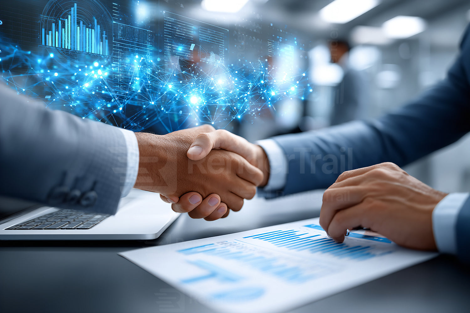 Business professionals engage in a handshake during a meeting focusing on technology and analytics in a modern office space