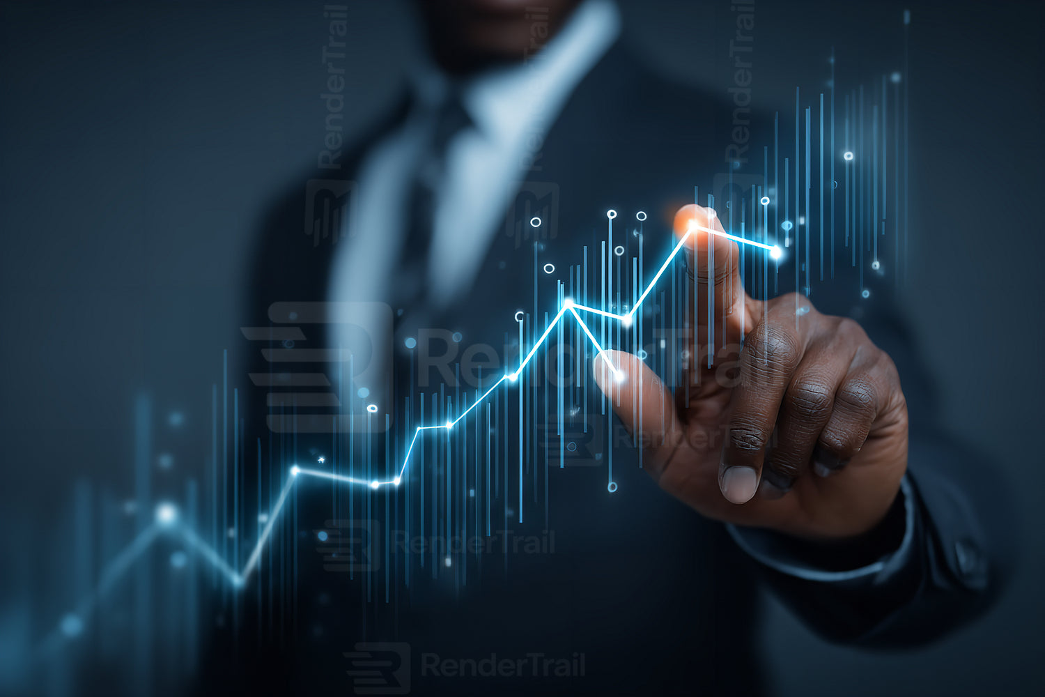 Business professional analyzing growth trends on a digital screen in an office setting