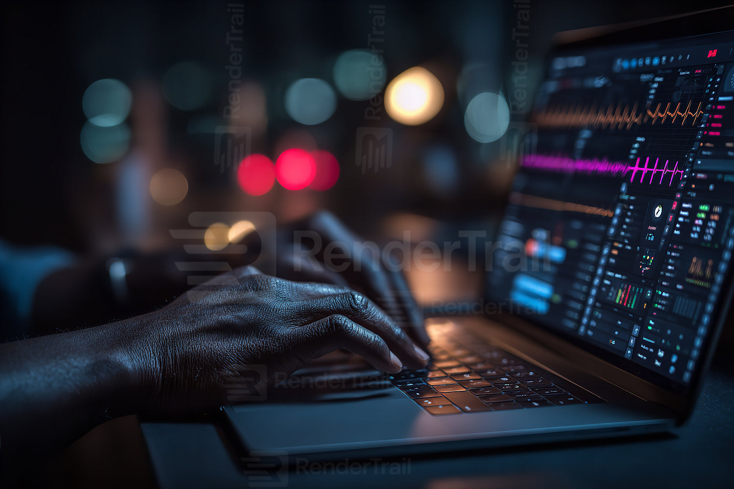 Individual working on laptop with data analysis during nighttime, focusing on trends and patterns