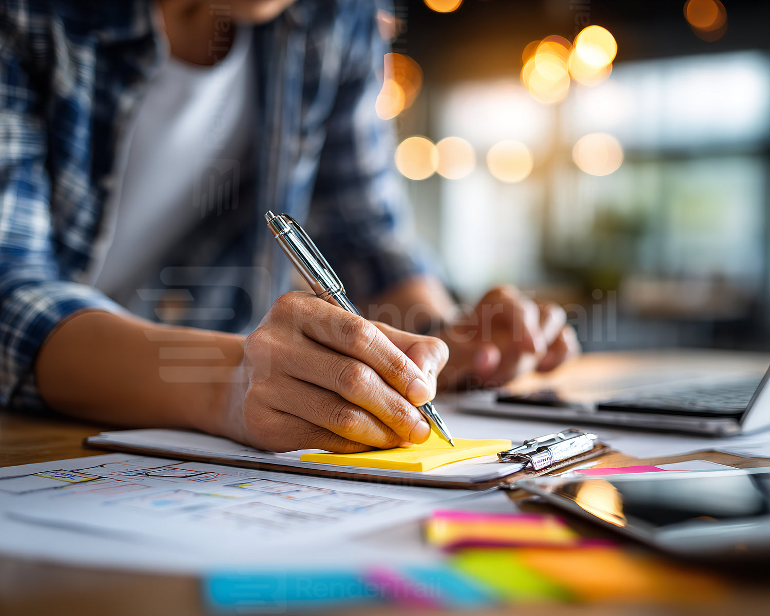 Person writing on sticky note while working at desk with laptop and colorful papers in a well-lit modern workspace