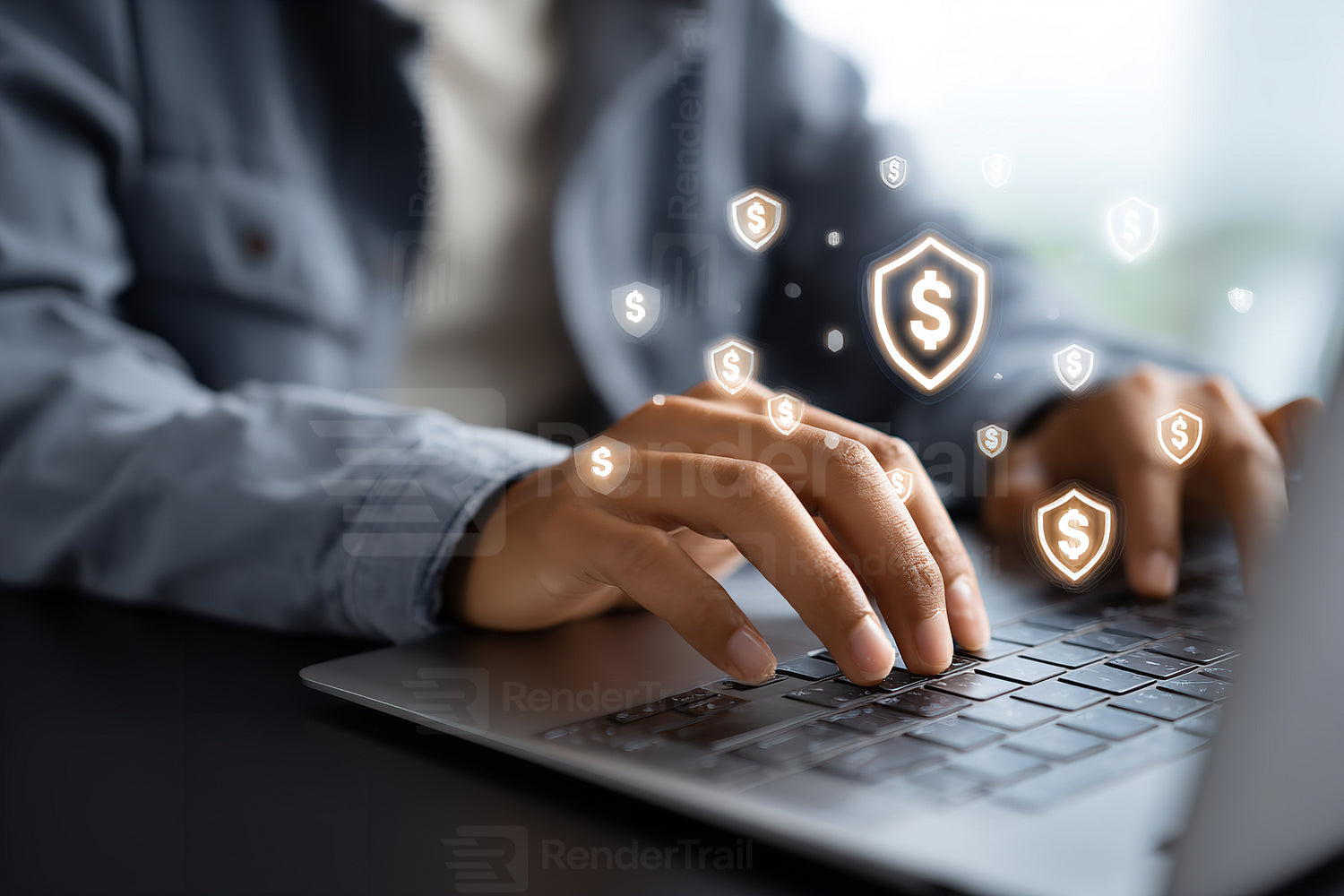 Person typing on laptop with security icons and money symbols displayed on screen while working in a modern office environment