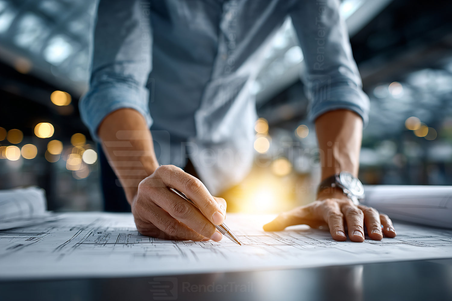 Architect reviews blueprints in a modern workspace during the day to ensure project accuracy and precision