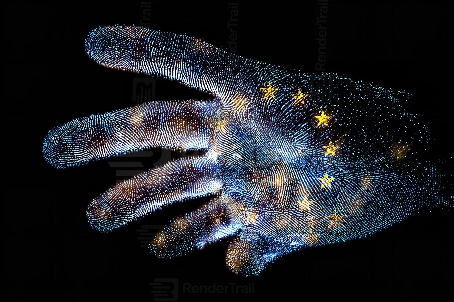 Digital representation of a hand with European Union stars glowing among intricate patterns
