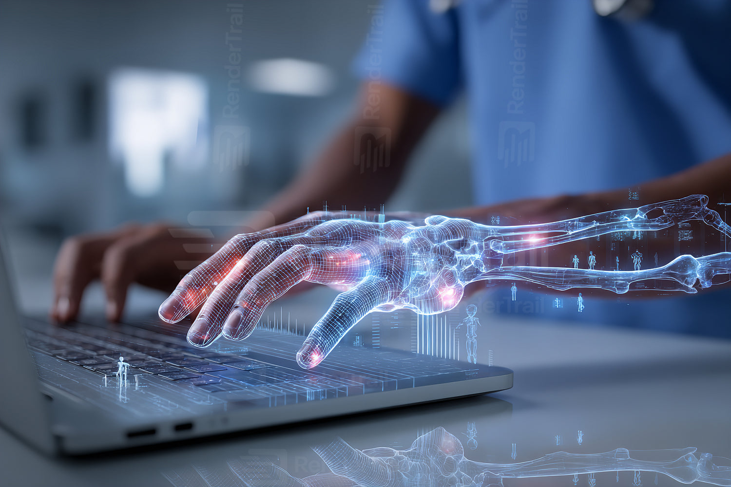 Digital interface with a robotic hand interacting with a laptop in a futuristic medical setting