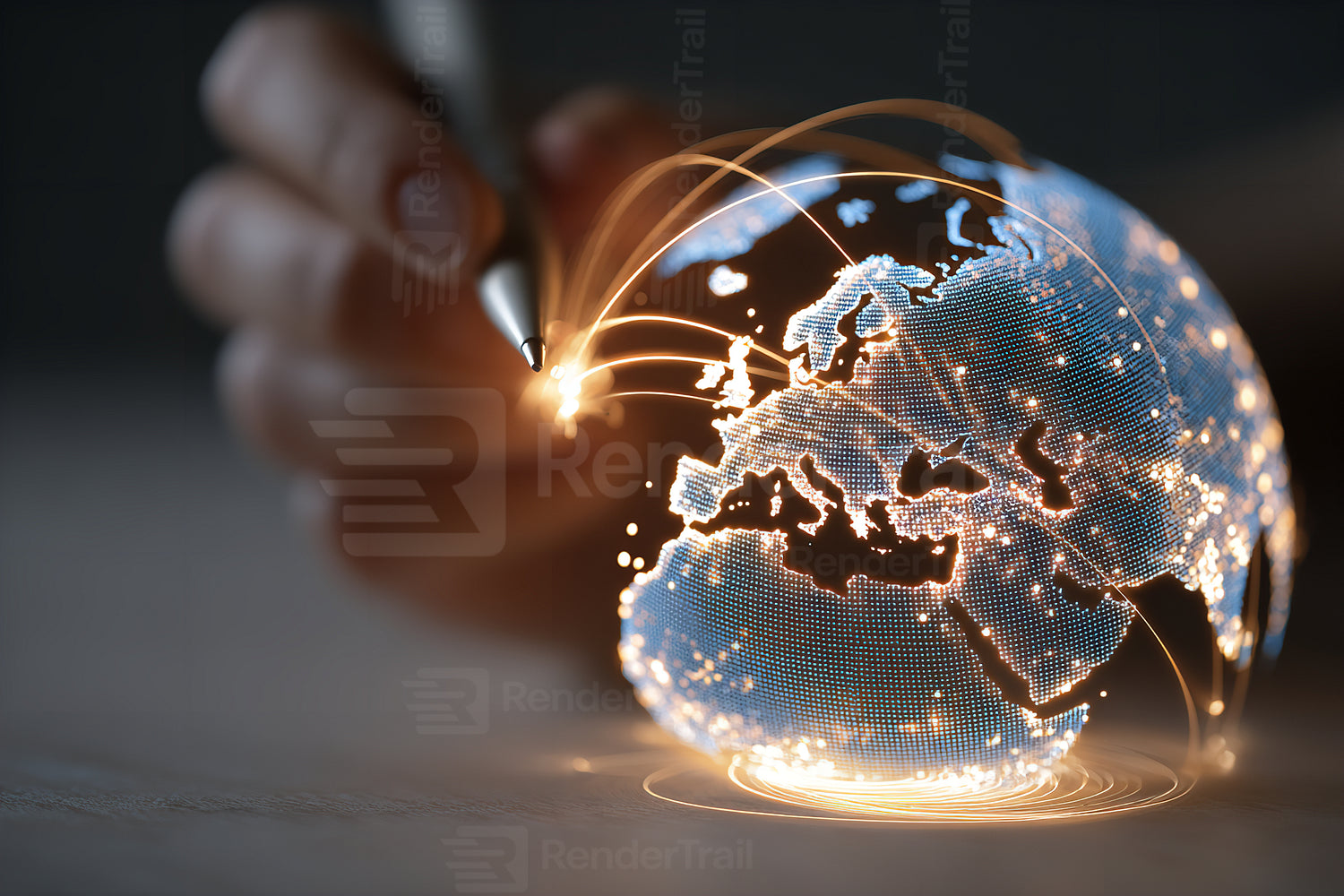 Creating a digital globe with light effects and hand-drawn elements to represent global connectivity