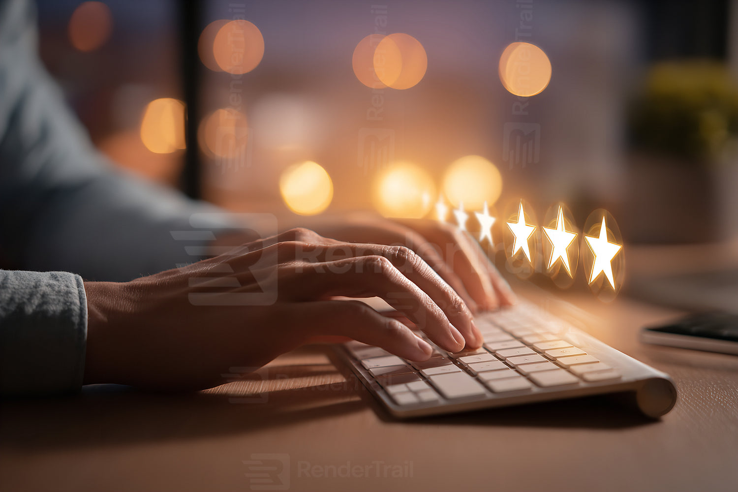 Person typing on keyboard in dimly lit room with glowing lights during evening hours, creating a calm working atmosphere