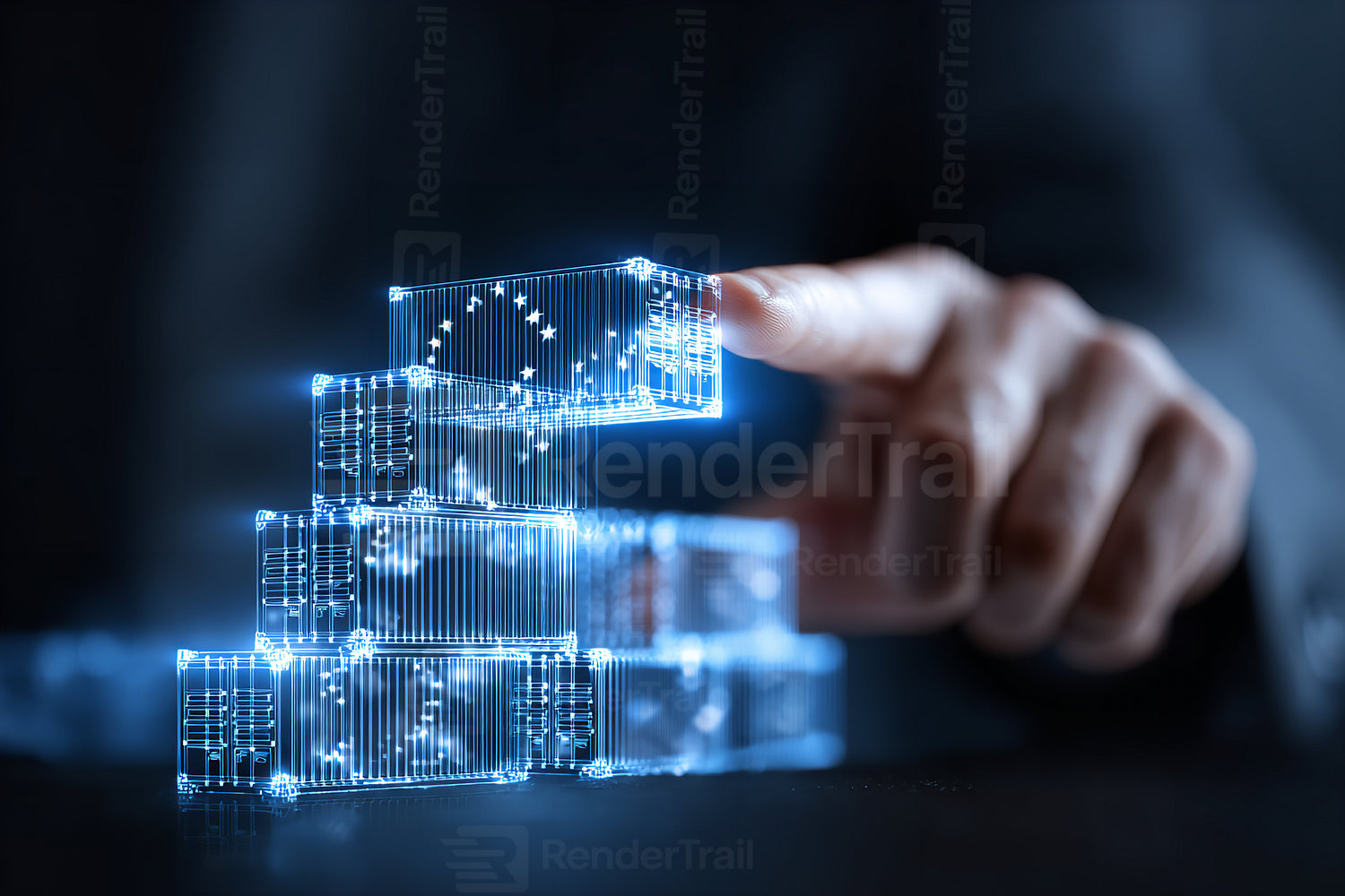 Building a digital structure with illuminated blocks in a modern workspace at night