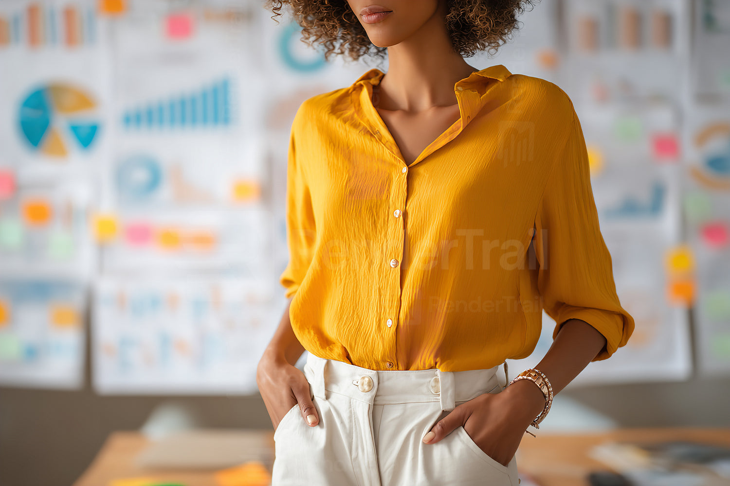 Woman wearing a yellow shirt stands confidently in an office with colorful charts and graphs in the background during a business meeting