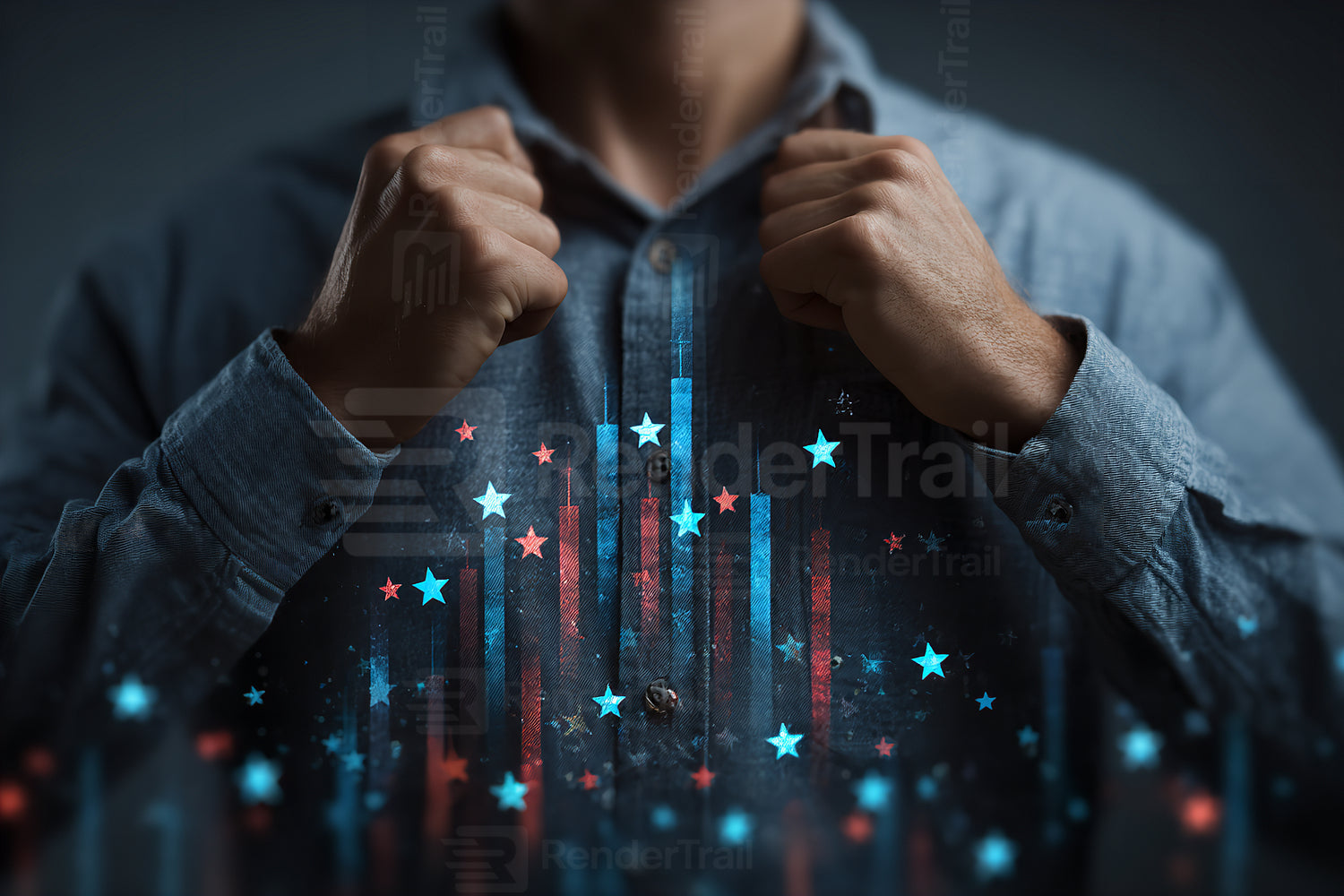 Strong man expresses confidence with glowing stars and vertical lines in a dark setting