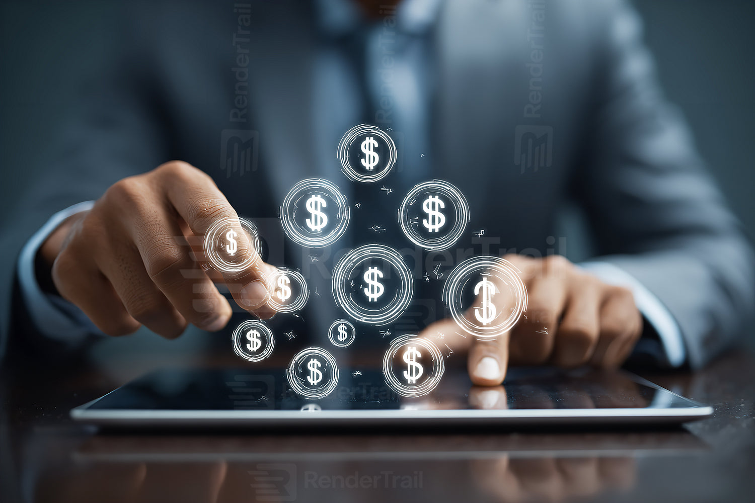 Business professional interacting with digital currency symbols on a tablet in a modern office setting