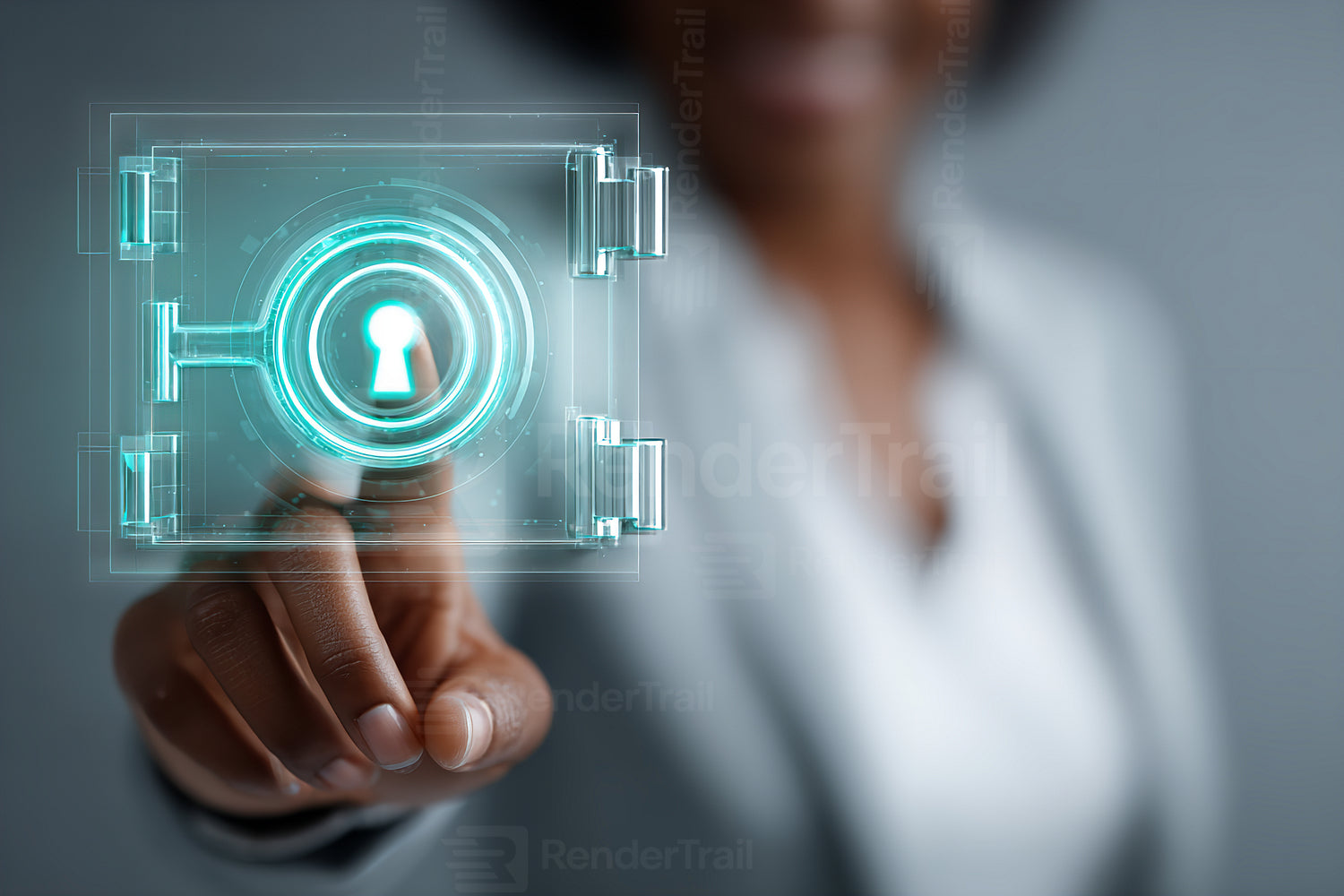 Businesswoman interacting with a digital lock interface in an office setting