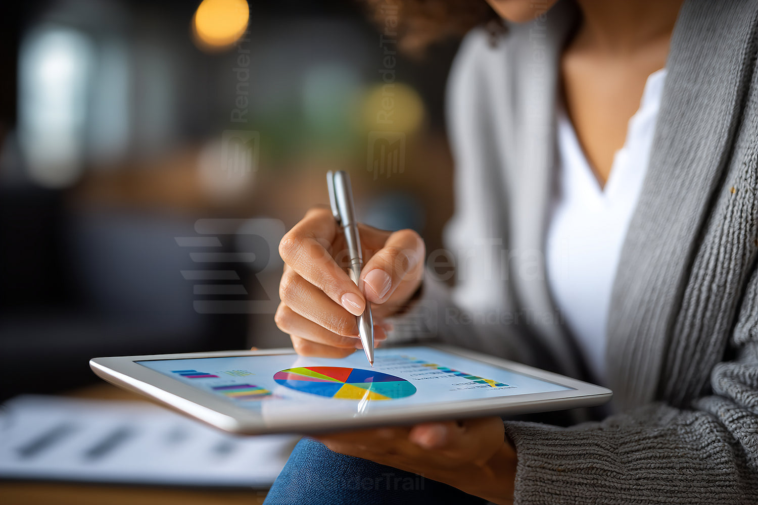 Woman working on tablet to analyze business data with colorful charts in modern office setting