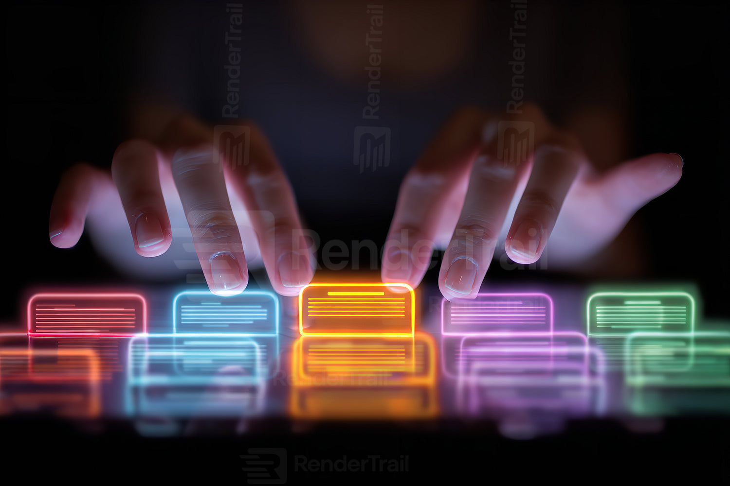Hands typing on a futuristic keyboard with colorful digital buttons in a dark environment
