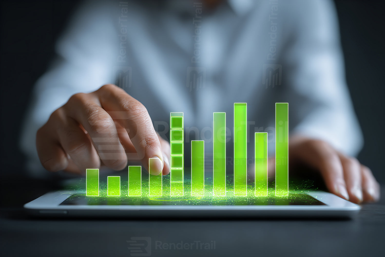 Digital growth chart display with a person's hand interacting on a tablet screen in a modern workspace