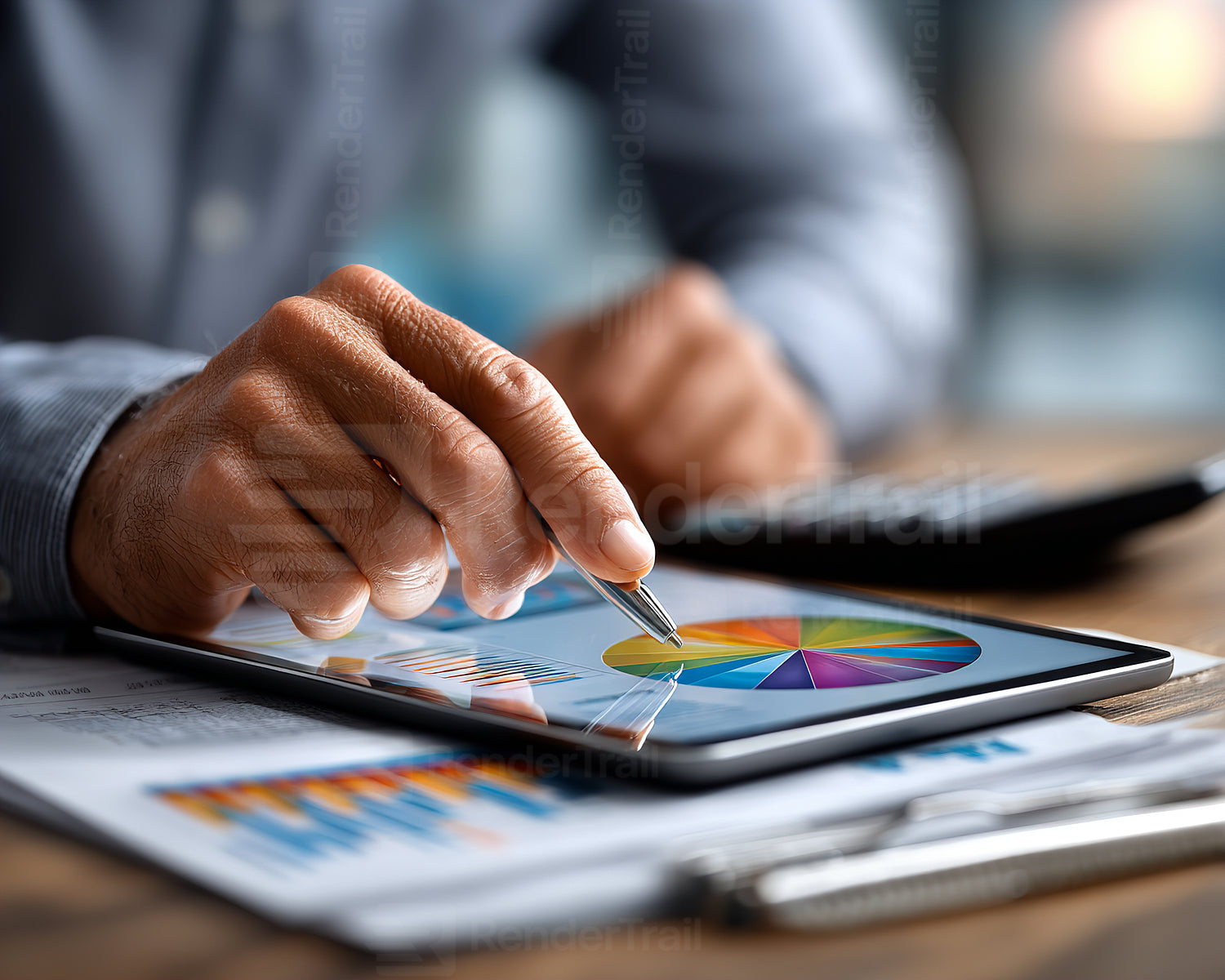 Hands working on a tablet displaying graphs and charts in a modern office setting during the day