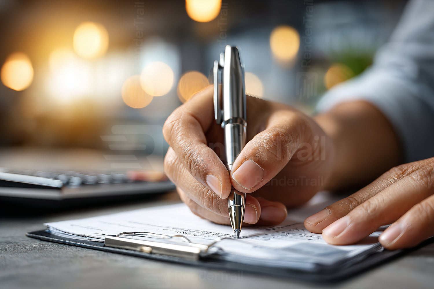 Writing important notes at a desk with a calculator during a busy workday in a modern office