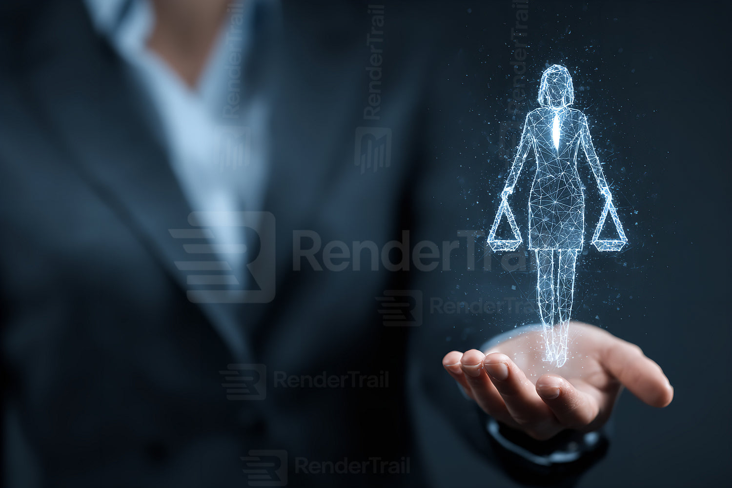 Businesswoman holds digital representation of justice figure in a professional setting, symbolizing fairness and equality