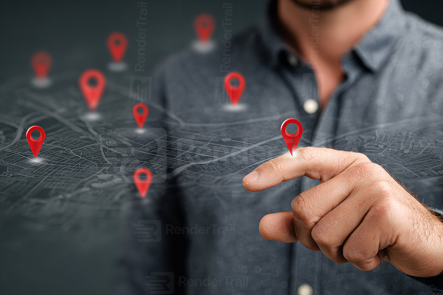 Man interacts with digital map markers in a modern location-based application interface