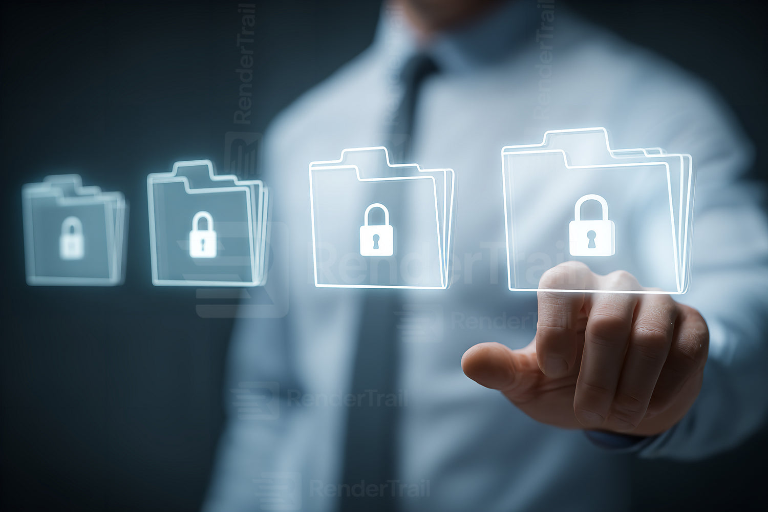 Business professional working to secure confidential data through digital folder interface in a modern office setting