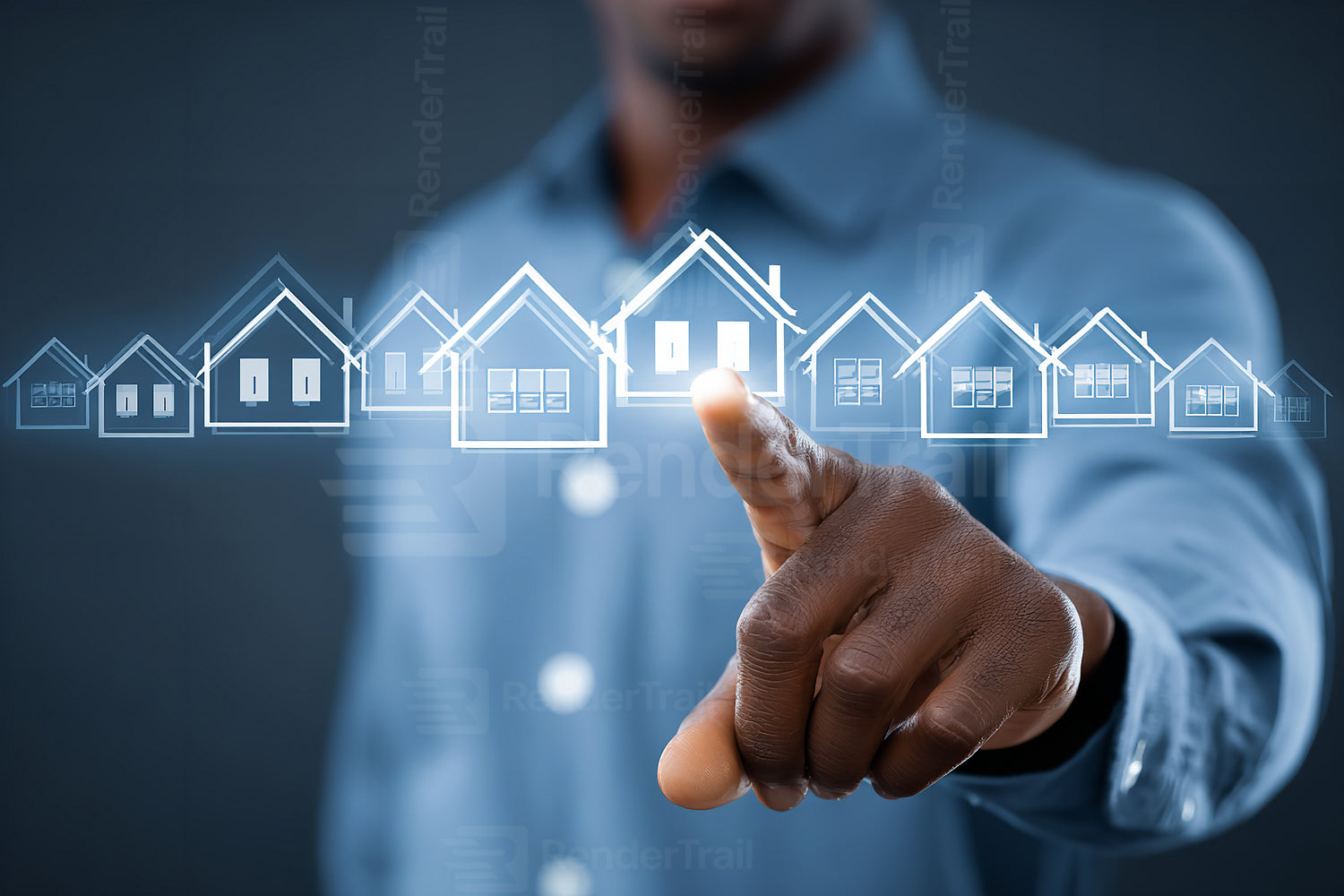 Man interacting with digital house icons on a virtual display in a modern office setting