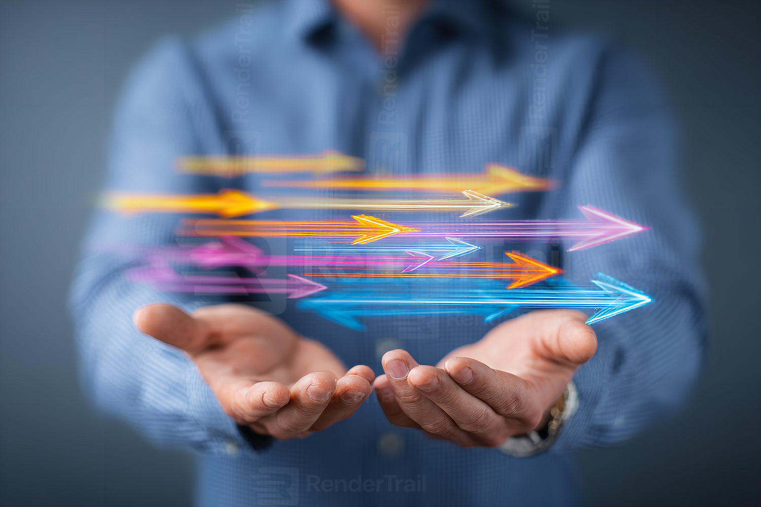 Hands showcase colorful arrows representing growth and direction in a creative business concept