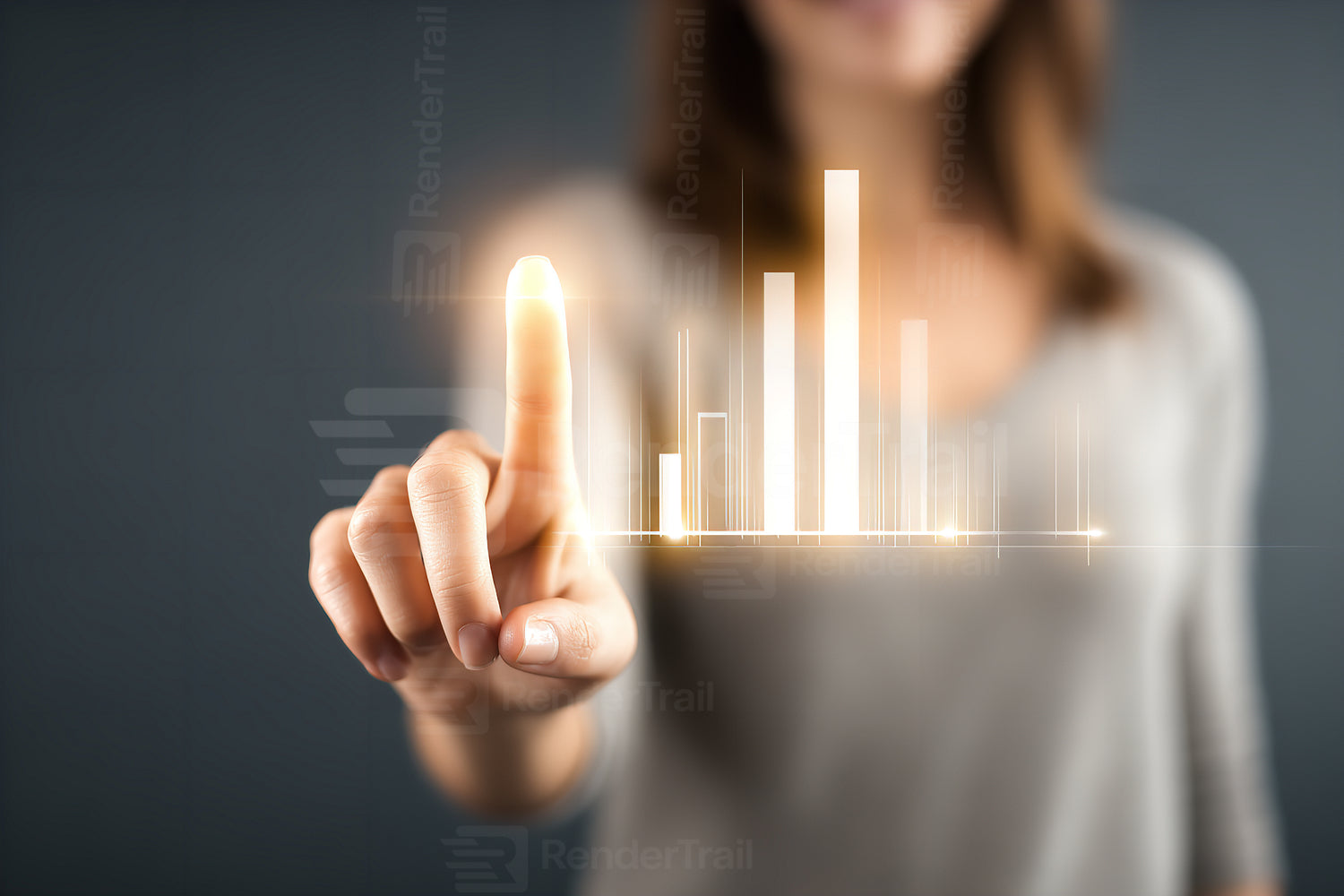 Woman interacting with glowing data visualizations in a modern workspace setting during daylight