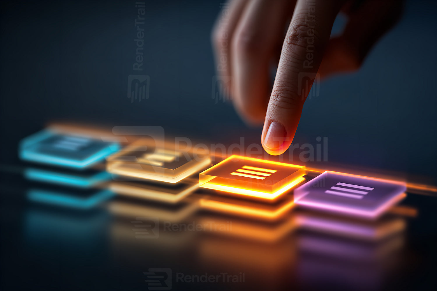 User interacts with glowing touch screen buttons in a modern digital interface setting