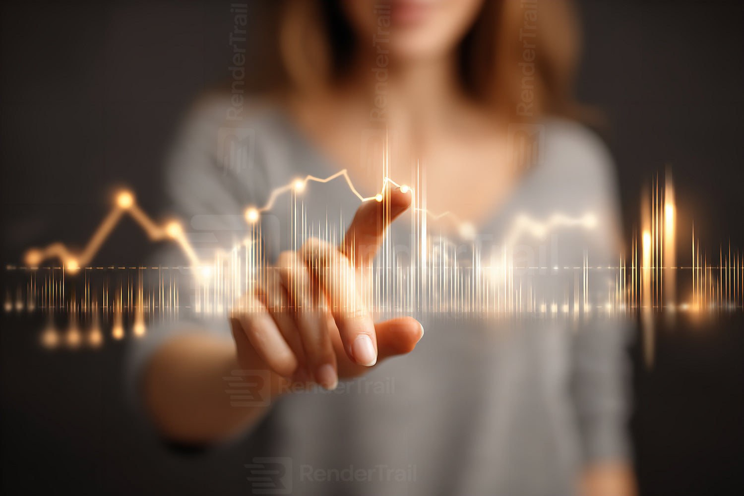 Woman interacting with digital data visualization in a modern workspace at night