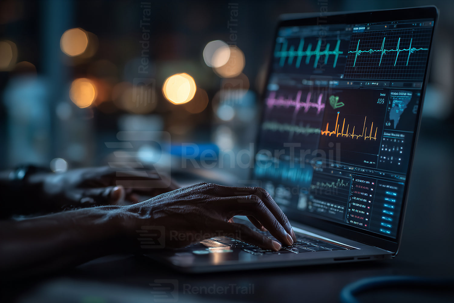 Medical professional monitors patient data on a laptop in a dimly lit room during a night shift