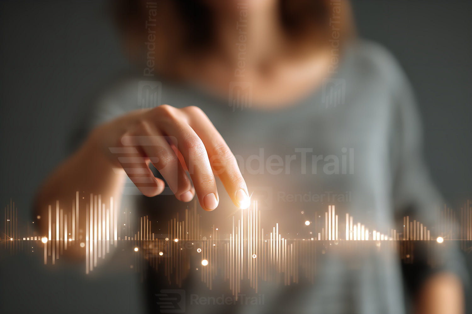 Woman interacting with digital sound wave display in a modern setting during the evening