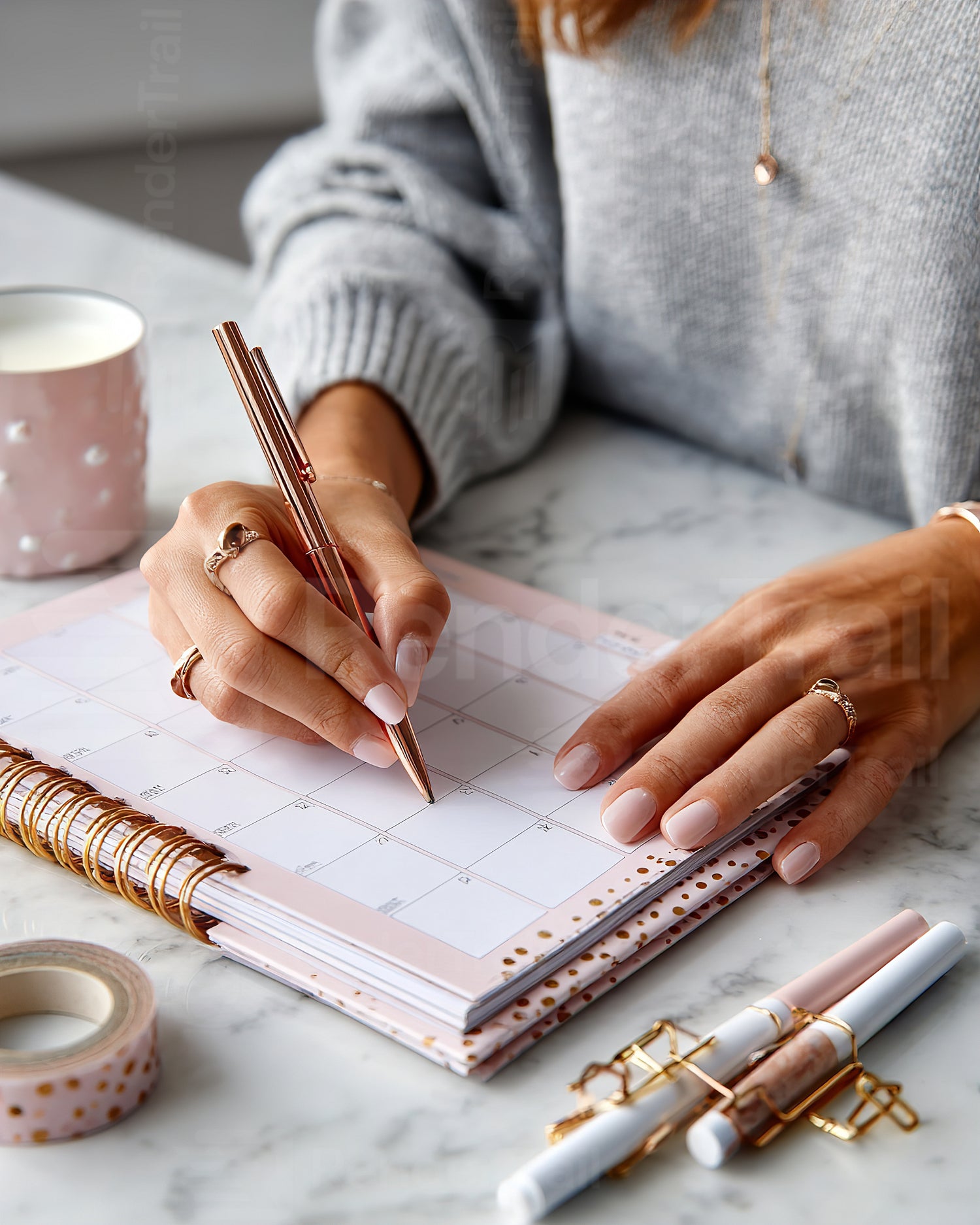 Woman writing in a planner during a cozy moment at home in a stylish workspace