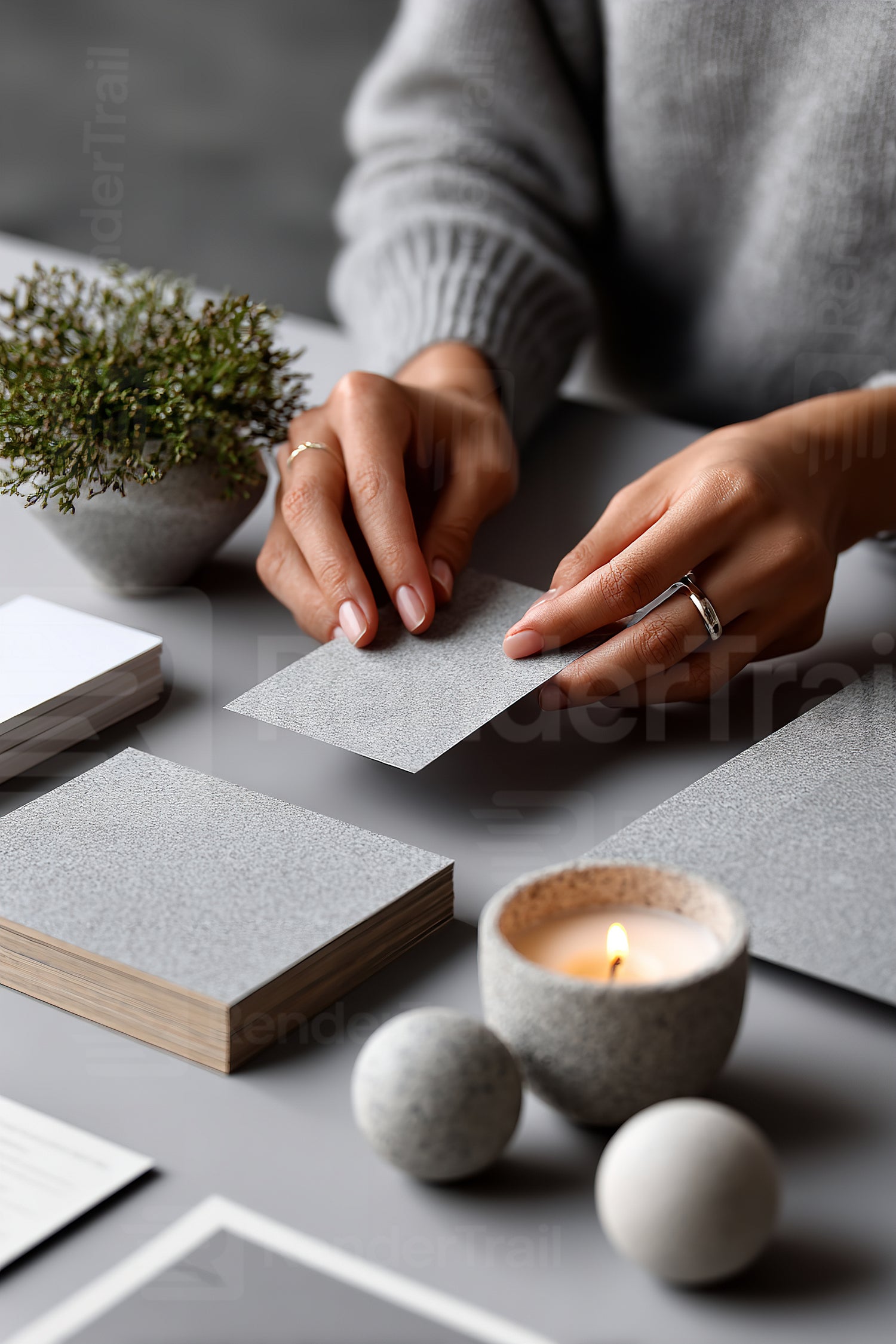 Hands crafting with gray textured cards, a candle, and greenery on a minimalist workspace
